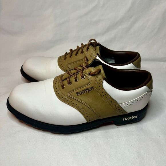 FootJoy Greenjoys Golf Shoes Mens Sz 8.5W White and Tan Lace Spikes Athletic - Picture 6 of 11